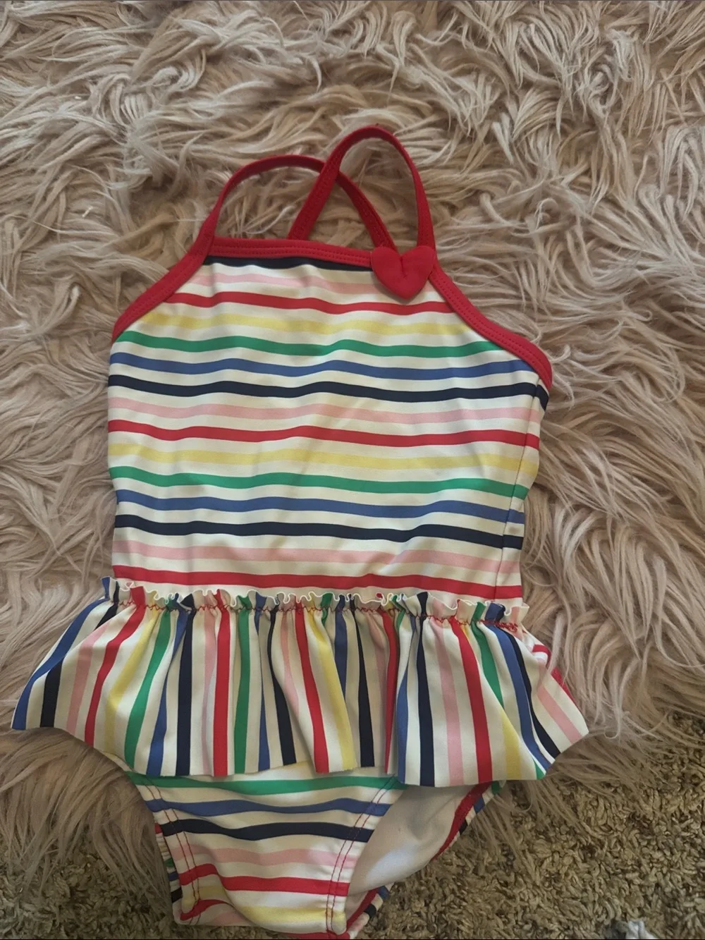 Kids Rainbow Stripe One-Piece Swimsuit - Red Trim with Heart Accent